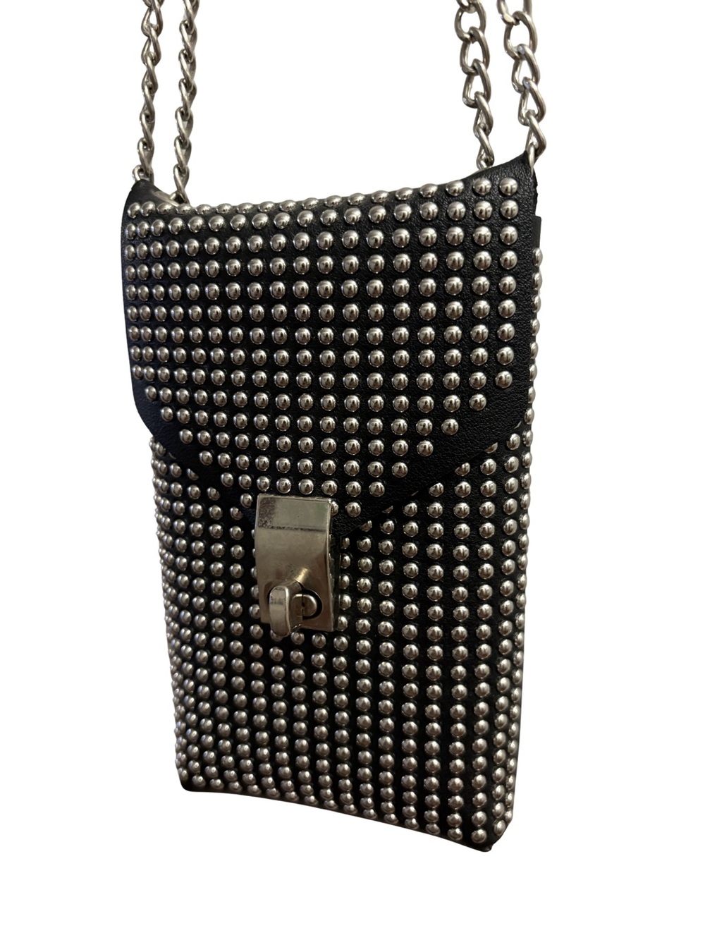 Studded Black Crossbody Phone Bag with Chain Strap